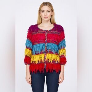 DESIGN OPTIONS Size XL Multucolor Fringes 3/4 Sleeve Knit Button Sweater